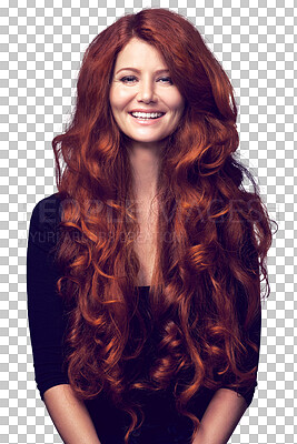 Buy stock photo Wavy, portrait and happy woman with red hair, curly texture and healthy locks, strong glow and auburn extensions. Salon, shampoo clean and ginger person smile isolated on transparent, png background