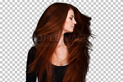 Buy stock photo Beauty, hair style and makeup with woman on png for  red head, cosmetics and salon treatment. Shampoo, haircare and glow with face of person isolated on transparent background for self care