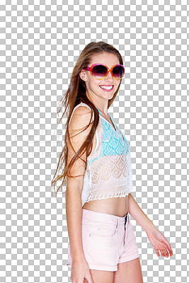 Buy stock photo Fashion, smile and gen z girl with sunglasses, trendy or summer outfit on isolated, transparent and png background. Glasses, face and teenage female model posing in edgy clothes, good mood and smile