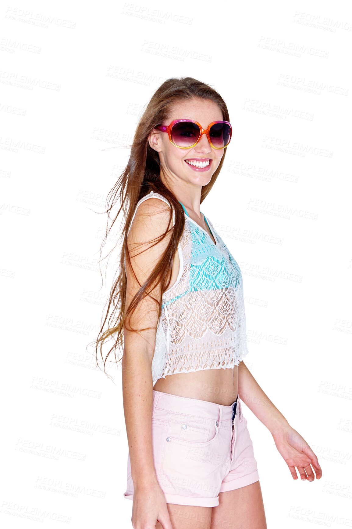 Buy stock photo Fashion, smile and gen z girl with sunglasses, trendy or summer outfit on isolated, transparent and png background. Glasses, face and teenage female model posing in edgy clothes, good mood and smile