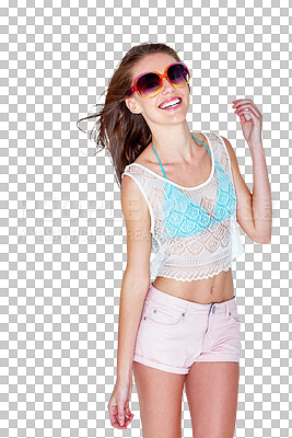 Buy stock photo Sunglasses, fashion and gen z girl with smile, trendy or summer outfit on isolated, transparent and png background. Glasses, face and teenage female model posing in edgy clothes, good mood and smile