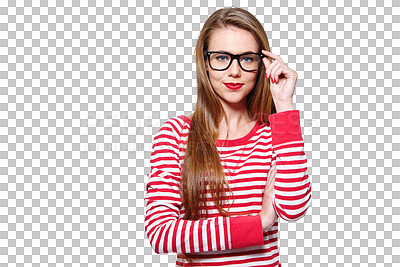 Buy stock photo Fashion, glasses and study with portrait of woman on png for nerd, education and youth. Happy, smart and style with face of student isolated on transparent background for confidence and hipster