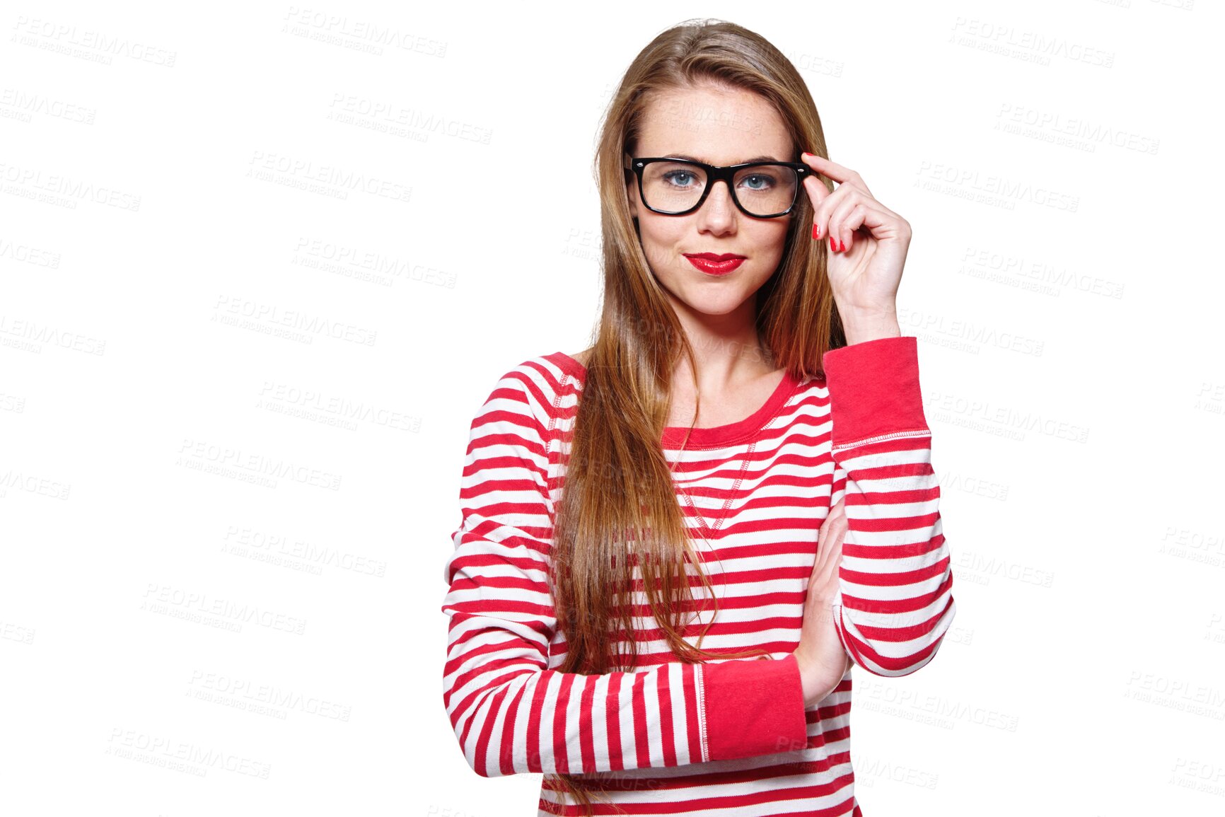 Buy stock photo Fashion, glasses and study with portrait of woman on png for nerd, education and youth. Happy, smart and style with face of student isolated on transparent background for confidence and hipster