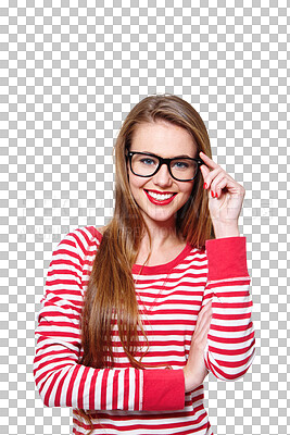 Buy stock photo Fashion, glasses and smile with portrait of woman on png for nerd, education and youth. Happy, smart and style with face of student isolated on transparent background for hipster confidence