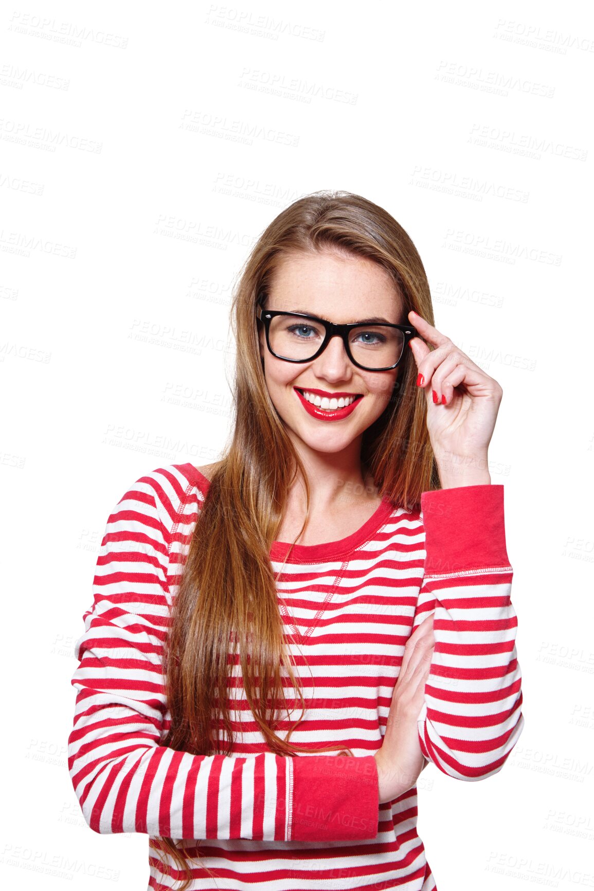 Buy stock photo Fashion, glasses and smile with portrait of woman on png for nerd, education and youth. Happy, smart and style with face of student isolated on transparent background for hipster confidence