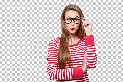 Buy stock photo Fashion, glasses and student with portrait of woman on png for nerd, education and youth. Happy, smart and style with person isolated on transparent background for confidence, beauty and hipster