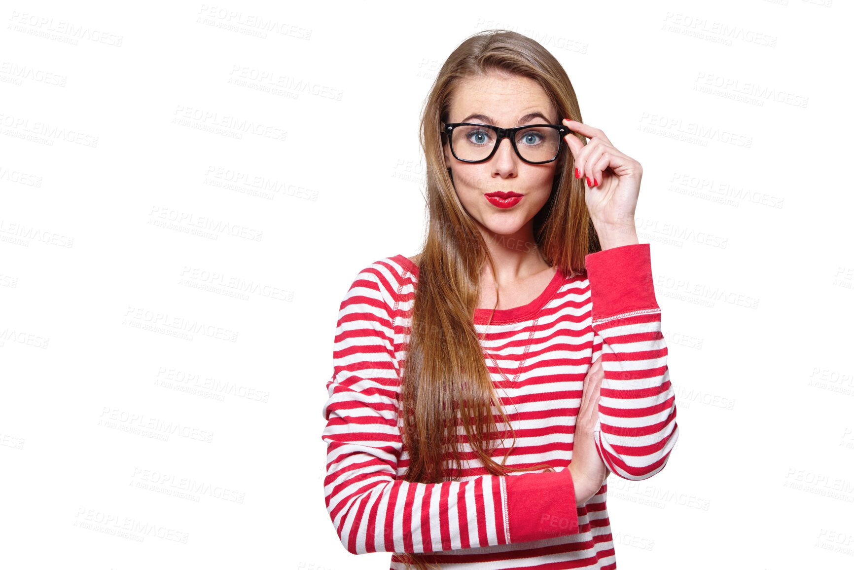 Buy stock photo Fashion, glasses and student with portrait of woman on png for nerd, education and youth. Happy, smart and style with person isolated on transparent background for confidence, beauty and hipster