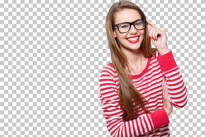 Buy stock photo Fashion, glasses and Happy with portrait of woman on png for nerd, education and youth. Smile, smart and style with face of student isolated on transparent background for confidence and hipster