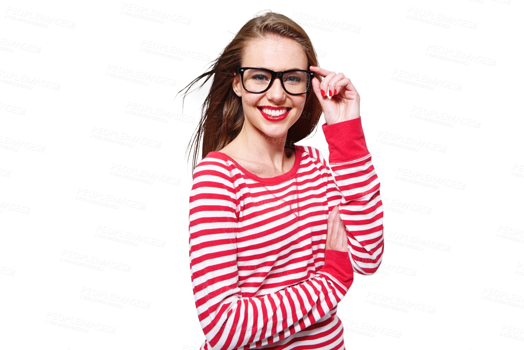 Buy stock photo Fashion, glasses and geek with portrait of woman on png for nerd, education and youth. Happy, smart and style with face of student isolated on transparent background for confidence and hipster