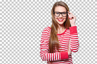 Buy stock photo Fashion, glasses and beauty with portrait of woman on png for nerd, education and youth. Happy, smart and style with face of student isolated on transparent background for hipster confidence