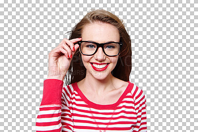 Buy stock photo Fashion, glasses and nerd with portrait of woman on png for study, education and youth. Happy, smart and style with face of student isolated on transparent background for confidence and hipster