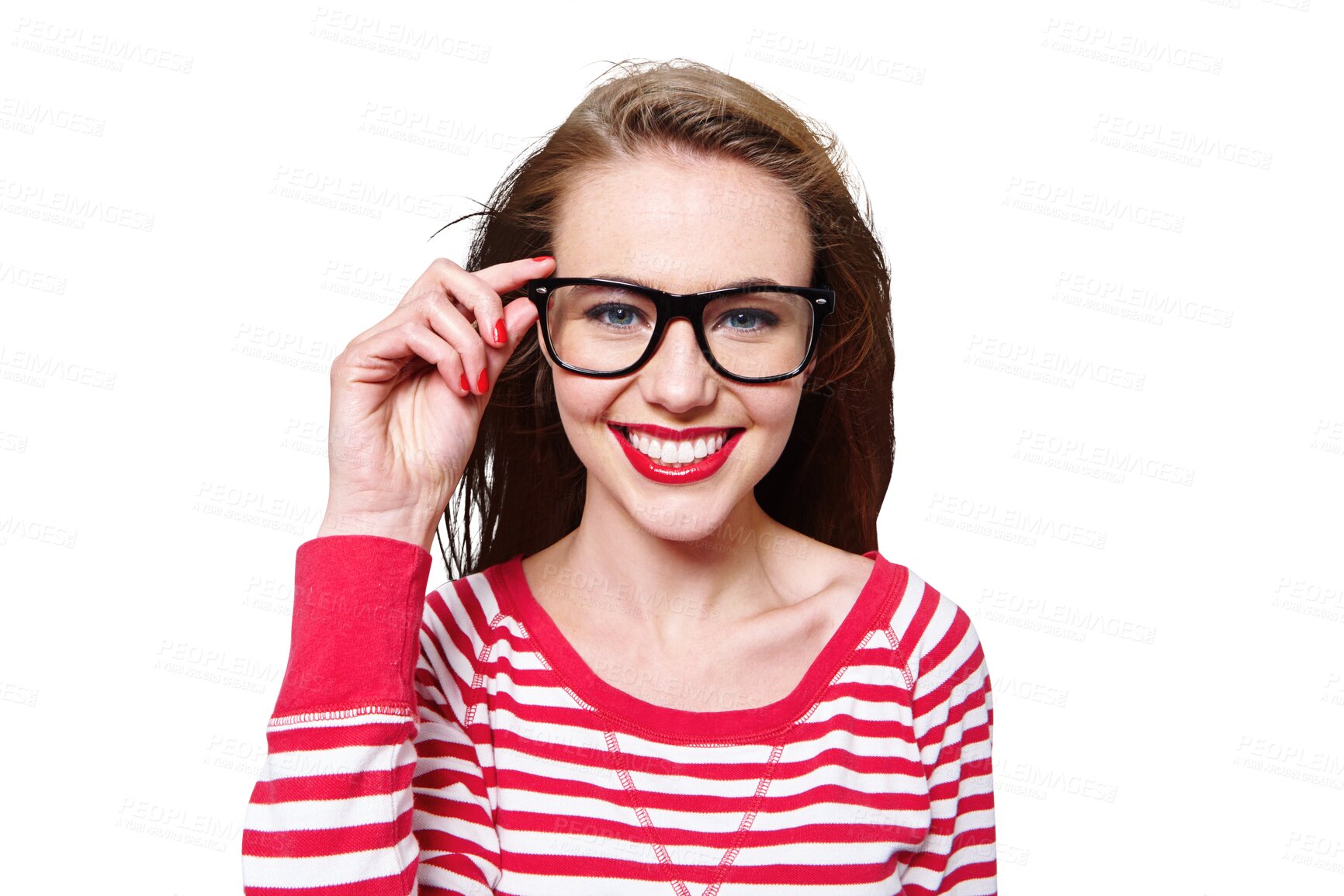 Buy stock photo Fashion, glasses and nerd with portrait of woman on png for study, education and youth. Happy, smart and style with face of student isolated on transparent background for confidence and hipster