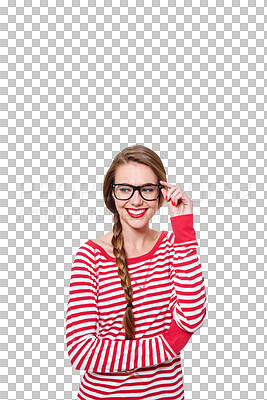 Buy stock photo Fashion, glasses and study with woman and thinking on png for nerd, education and youth. Happy, smart and style with face of student isolated on transparent background for confidence and hipster