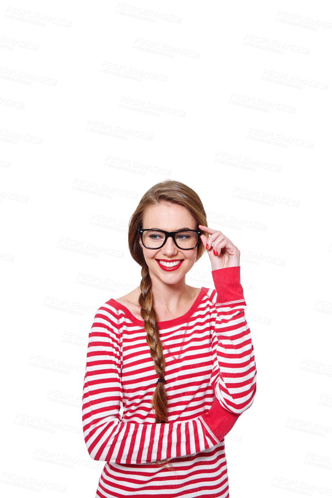 Buy stock photo Fashion, glasses and study with woman and thinking on png for nerd, education and youth. Happy, smart and style with face of student isolated on transparent background for confidence and hipster