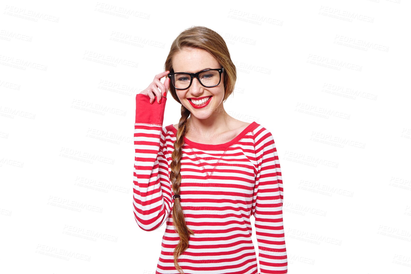 Buy stock photo Beauty, glasses and smile with portrait of woman on png for nerd, education and youth. Happy, fashion and style with face of student isolated on transparent background for confidence and hipster