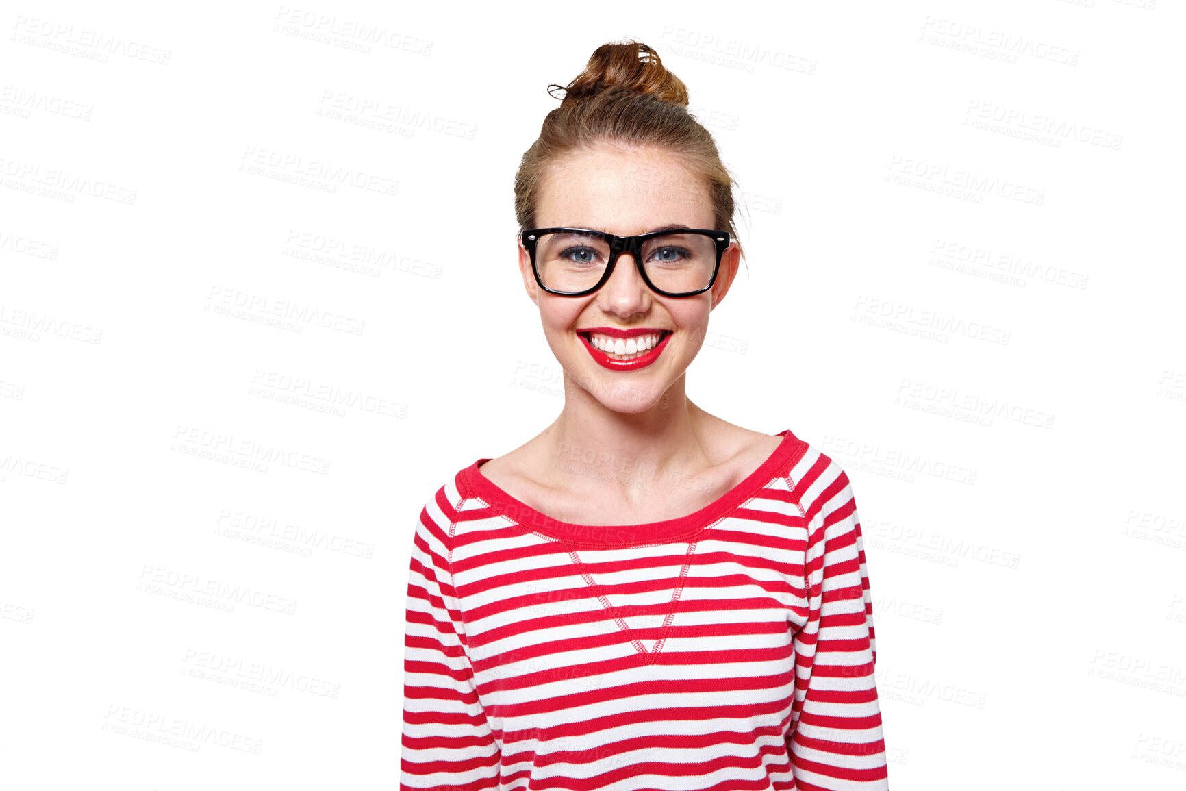 Buy stock photo Fashion, glasses and college with portrait of woman on png for nerd, education and youth. Happy, smart and style with face of student isolated on transparent background for confidence and hipster