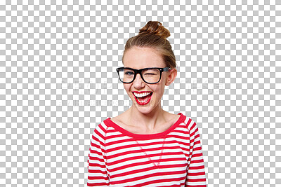 Buy stock photo Fashion, glasses and wink with portrait of woman on png for nerd, education and youth. Happy, smart and style with face of student isolated on transparent background for confidence and hipster