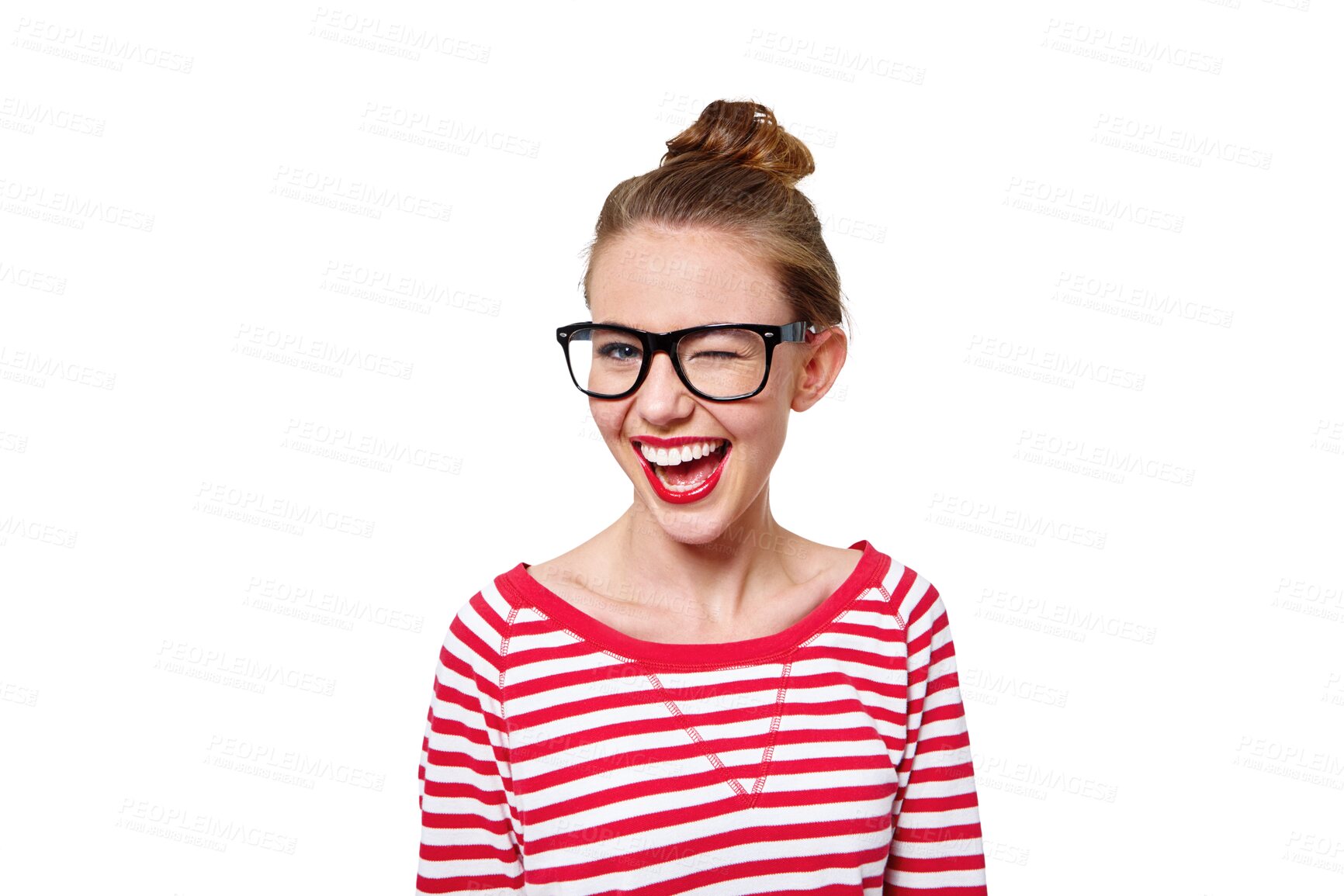 Buy stock photo Fashion, glasses and wink with portrait of woman on png for nerd, education and youth. Happy, smart and style with face of student isolated on transparent background for confidence and hipster