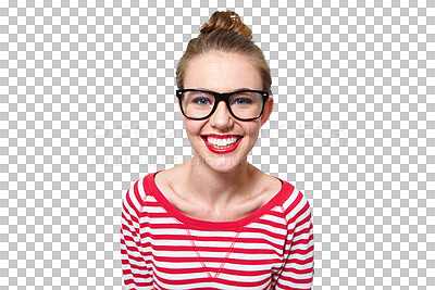 Buy stock photo College, glasses and study with portrait of woman on png for nerd, education and youth. Happy, fashion and style with face of student isolated on transparent background for hipster confidence