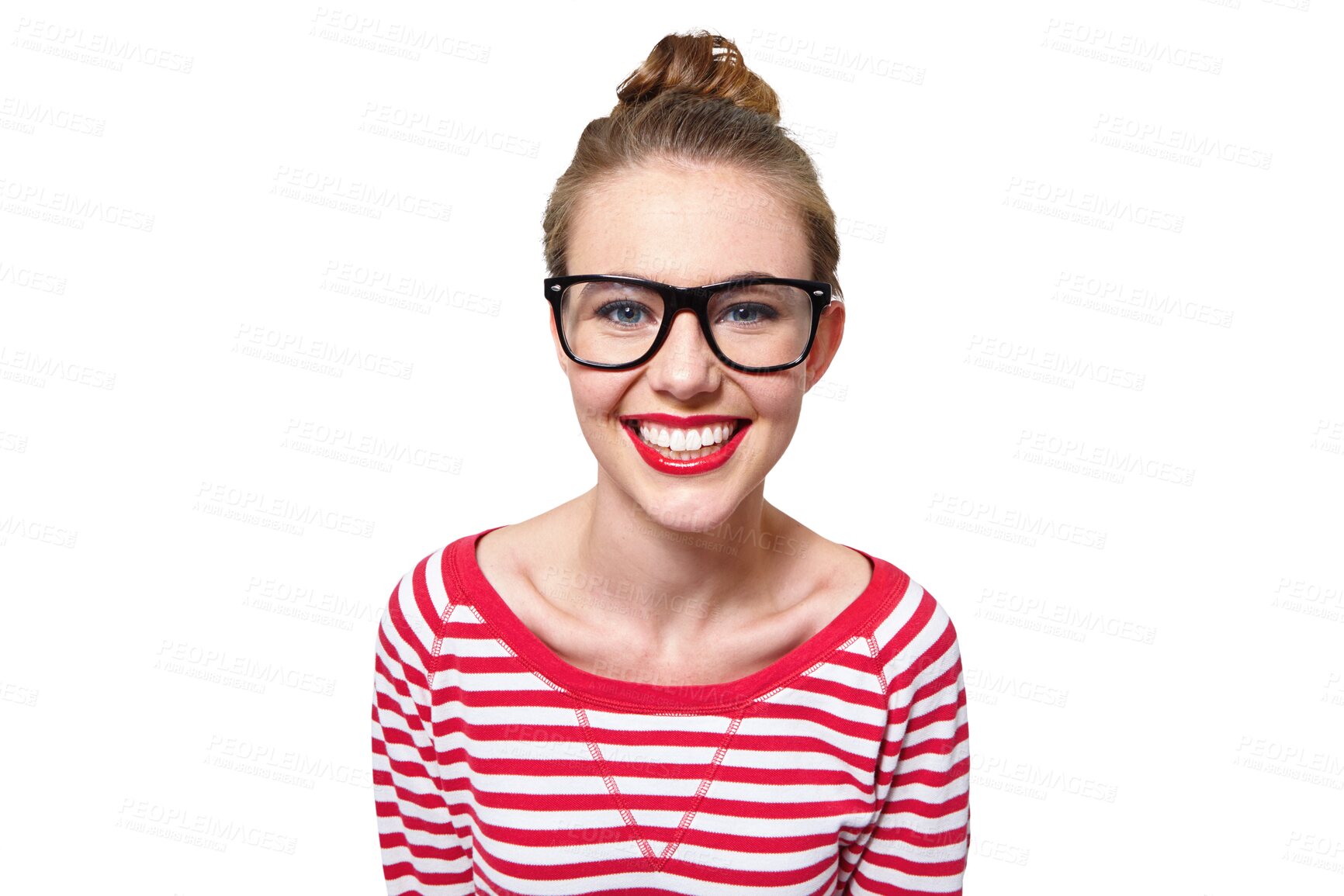 Buy stock photo College, glasses and study with portrait of woman on png for nerd, education and youth. Happy, fashion and style with face of student isolated on transparent background for hipster confidence