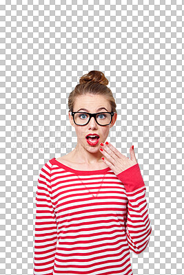 Buy stock photo Fashion, glasses and surprise with portrait of woman on png for nerd, education and youth. Shock, news and announcement with student isolated on transparent background for confidence and hipster