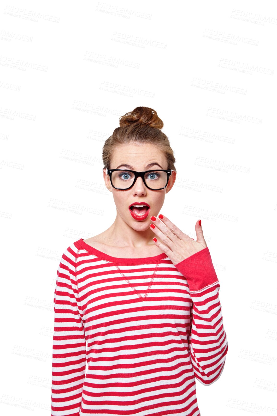 Buy stock photo Fashion, glasses and surprise with portrait of woman on png for nerd, education and youth. Shock, news and announcement with student isolated on transparent background for confidence and hipster