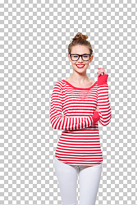 Buy stock photo Fashion, glasses and eye care with portrait of woman on png for nerd, education and youth. Happy, smart and style with face of student isolated on transparent background for confidence and hipster