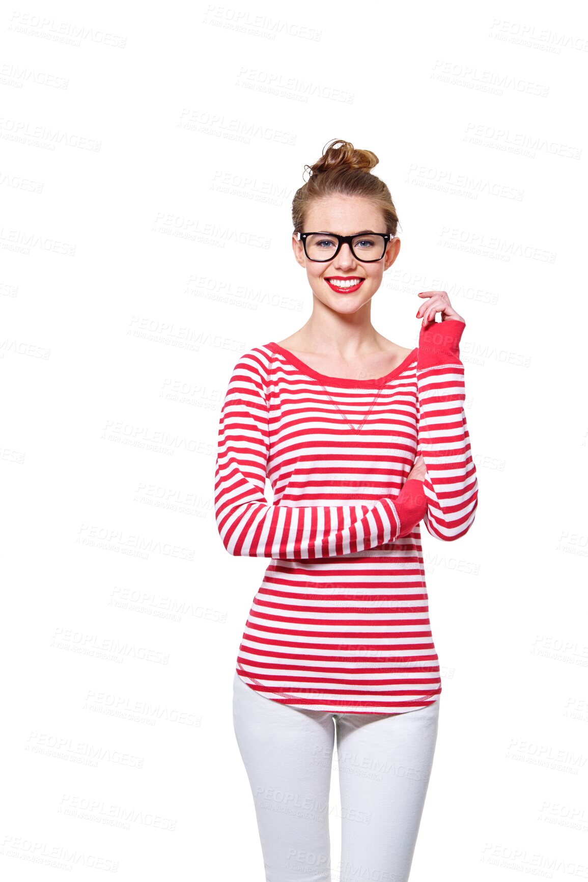 Buy stock photo Fashion, glasses and eye care with portrait of woman on png for nerd, education and youth. Happy, smart and style with face of student isolated on transparent background for confidence and hipster