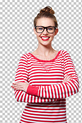 Buy stock photo Fashion, glasses and arms crossed with portrait of woman on png for nerd, education or youth. Happy, smart and style with face of student isolated on transparent background for confidence and hipster