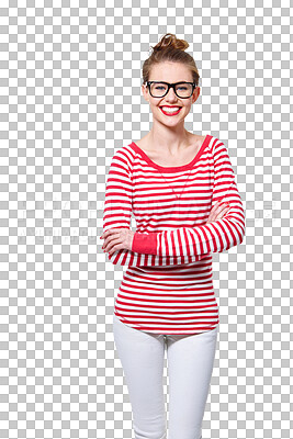 Buy stock photo Fashion, arms crossed and smile with portrait of woman on png for nerd, education and youth. Happy, smart and style with face of student isolated on transparent background for confidence and hipster