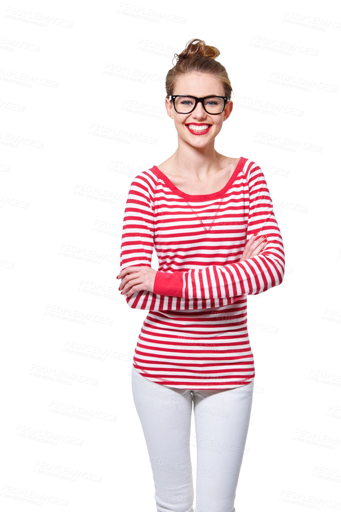 Buy stock photo Fashion, arms crossed and smile with portrait of woman on png for nerd, education and youth. Happy, smart and style with face of student isolated on transparent background for confidence and hipster