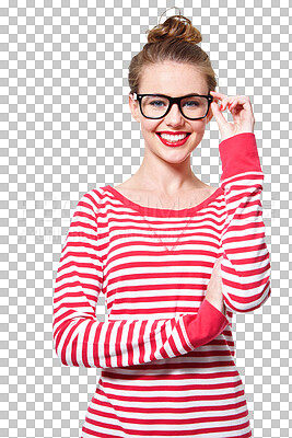 Buy stock photo Nerd, glasses and study with portrait of woman on png for fashion, education and youth. Happy, smart and style with face of student isolated on transparent background for confidence and hipster