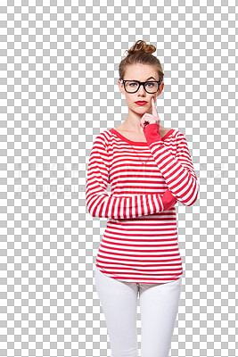 Buy stock photo Thinking, glasses and confused with portrait of woman on png for nerd, education and youth. Question, study and idea with face of student isolated on transparent background for confidence and hipster