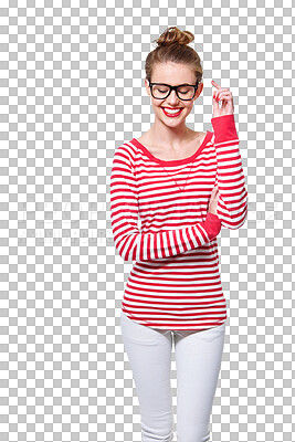 Buy stock photo Fashion, glasses and study with woman and smile on png for nerd, education and youth. Happy, smart and style with face of student isolated on transparent background for confidence and hipster