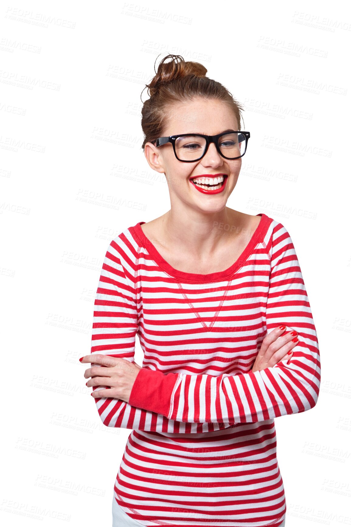 Buy stock photo Fashion, funny and study with woman and glasses on png for nerd, education or youth. Happy, smart and style with face of student laughing isolated on transparent background for confidence and hipster