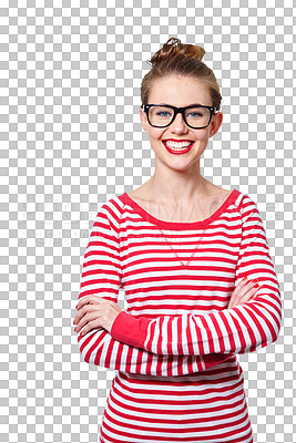 Buy stock photo Fashion, arms crossed and geek with portrait of woman on png for nerd, education and youth. Happy, smart and glasses with face of student isolated on transparent background for confidence and hipster