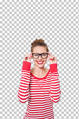 Buy stock photo Vision, eye care and portrait of happy woman with glasses for optical eyesight support, prescription lens frame or sight. Optometry, eyeglasses or person smile isolated on transparent, png background