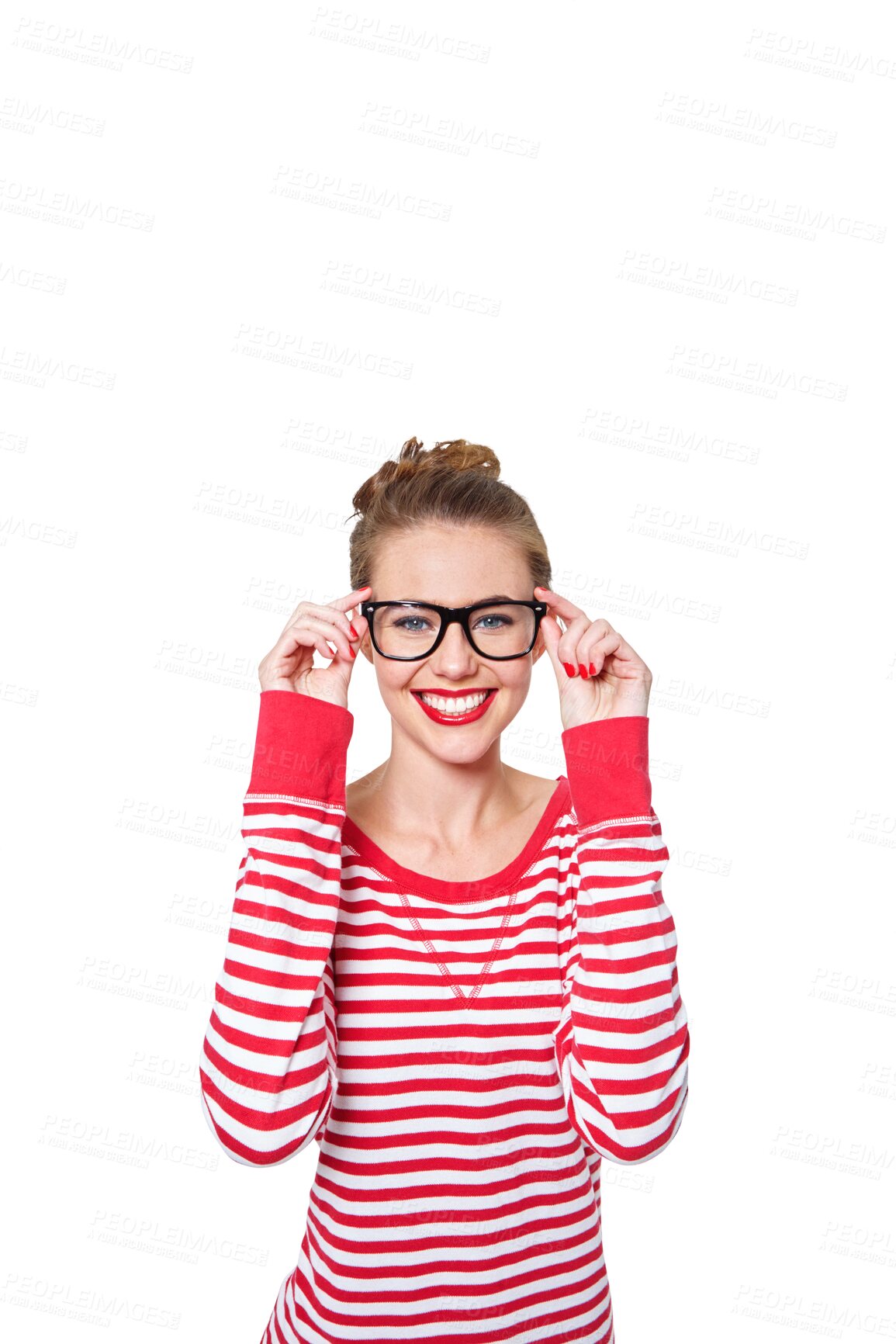 Buy stock photo Vision, eye care and portrait of happy woman with glasses for optical eyesight support, prescription lens frame or sight. Optometry, eyeglasses or person smile isolated on transparent, png background