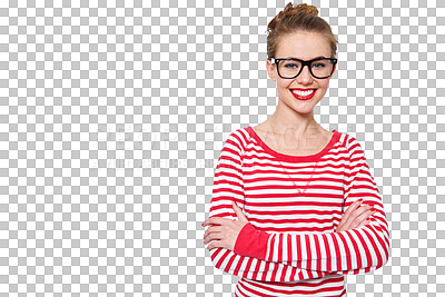 Buy stock photo Eye care, arms crossed and portrait of happy woman with glasses for eyesight, prescription lens frame or vision. Confident, eyeglasses and advertising person isolated on transparent, png background