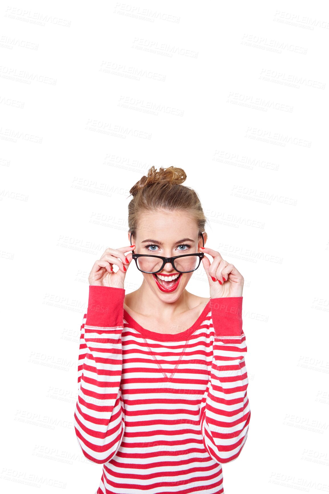 Buy stock photo Isolated woman, glasses and portrait for vision, eye care or wellness with excited smile by transparent png background. Student girl, fashion model and happy for deal, prescription lens and frame