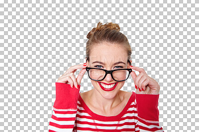 Buy stock photo Beauty, glasses and student with portrait of woman on png for nerd, education and youth. Happy, smart and style with person isolated on transparent background for confidence and hipster fashion