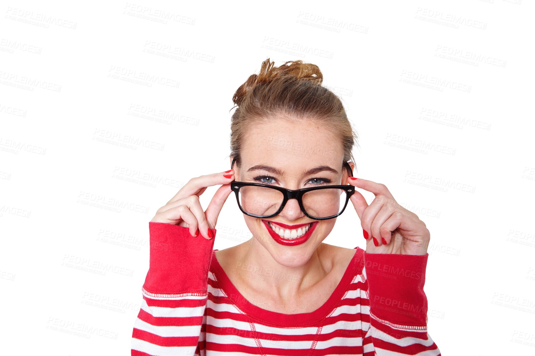 Buy stock photo Beauty, glasses and student with portrait of woman on png for nerd, education and youth. Happy, smart and style with person isolated on transparent background for confidence and hipster fashion