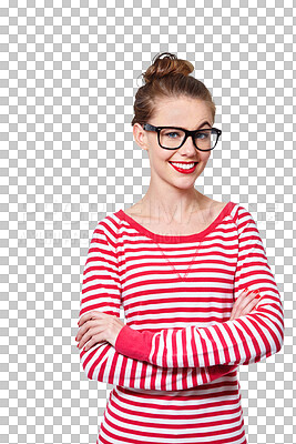 Buy stock photo Fashion, glasses and question with portrait of woman on png for nerd, education and youth. Happy, idea and beauty with face of student isolated on transparent background for confidence and hipster