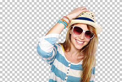 Buy stock photo Summer portrait, fashion or happy woman with sunglasses, trendy clothes or stylish outfit, apparel or casual. Glasses, relax spring hat or excited person face isolated on transparent, png background