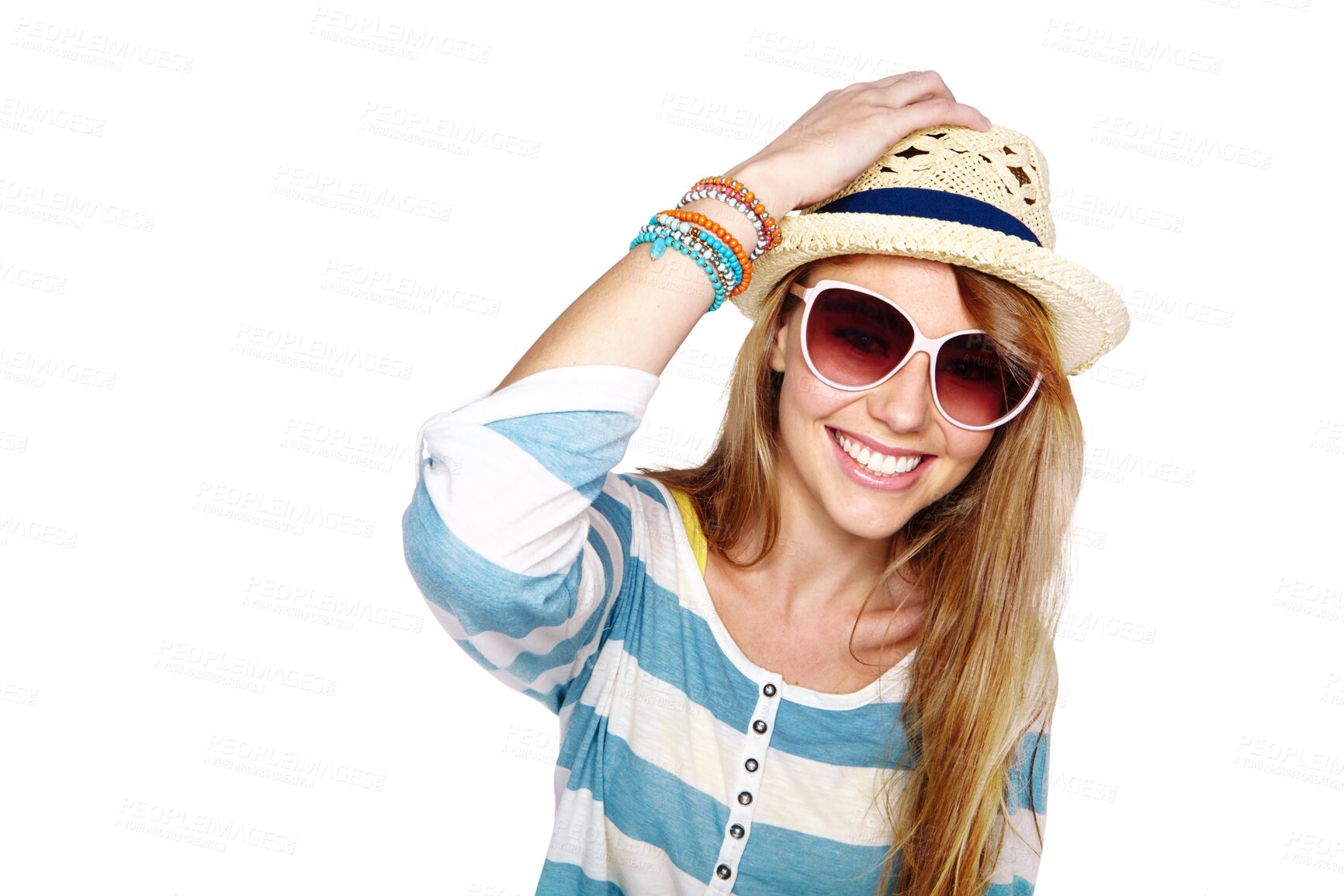 Buy stock photo Summer portrait, fashion or happy woman with sunglasses, trendy clothes or stylish outfit, apparel or casual. Glasses, relax spring hat or excited person face isolated on transparent, png background