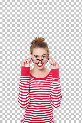 Buy stock photo Fashion, glasses and happy with portrait of woman on png for nerd, education and youth. Smile, smart and style with face of student isolated on transparent background for hipster confidence