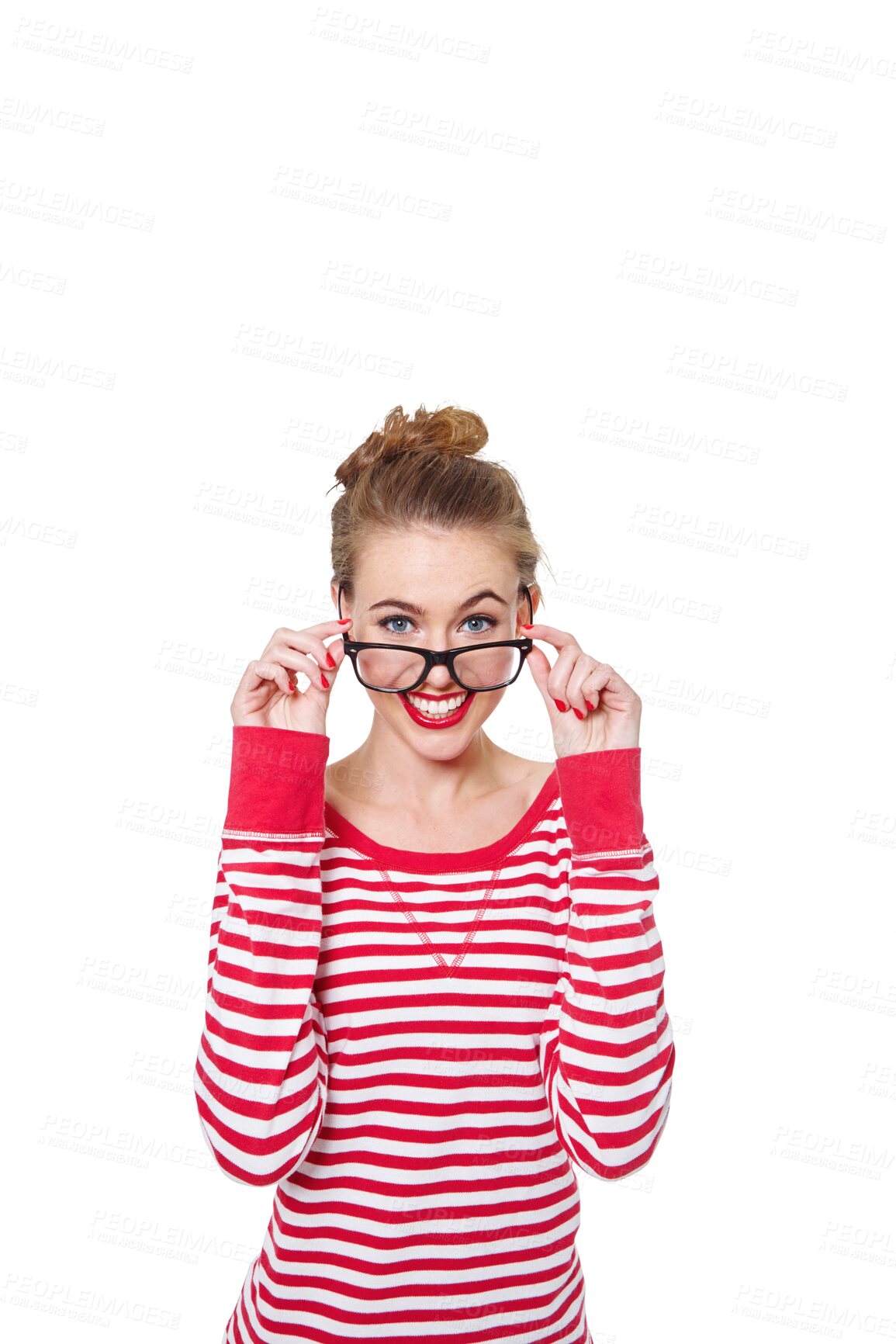 Buy stock photo Fashion, glasses and happy with portrait of woman on png for nerd, education and youth. Smile, smart and style with face of student isolated on transparent background for hipster confidence