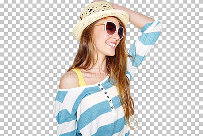 Buy stock photo Summer happiness, fashion or woman smile with glasses, trendy clothes or stylish outfit, apparel or casual youth style. Sunglasses, spring hat or young person isolated on transparent, png background