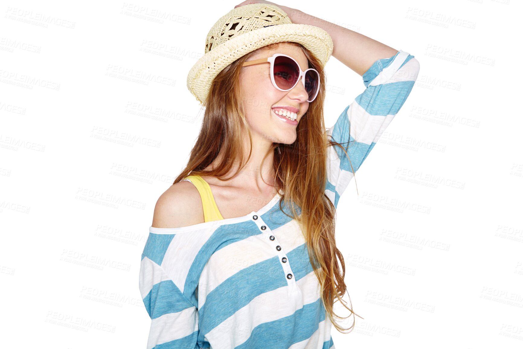 Buy stock photo Summer happiness, fashion or woman smile with glasses, trendy clothes or stylish outfit, apparel or casual youth style. Sunglasses, spring hat or young person isolated on transparent, png background