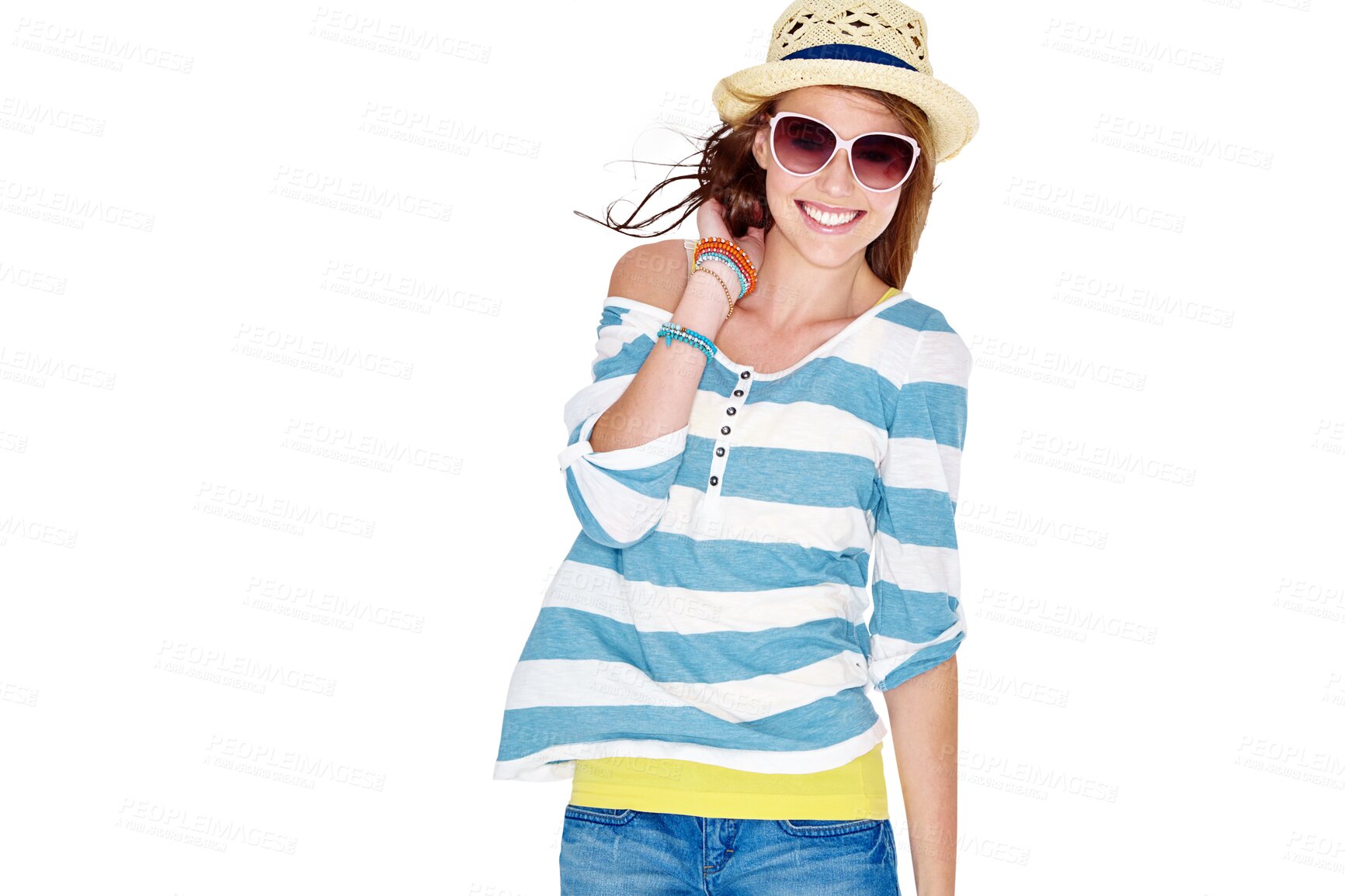 Buy stock photo Summer portrait, fashion clothes or happy woman with style, trendy accessories or stylish outfit, apparel or casual wear. Glasses, happiness or excited person isolated on transparent, png background